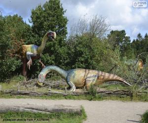 пазл Группа из трех динозавров в ландшафте